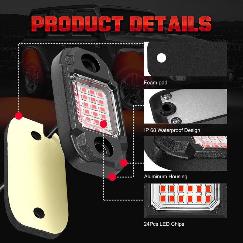 LY8 4 Pods Red Rock Lights 24 LEDs Chips Waterproof Neon Trail Rig Lamp Underglow Lights for Car Truck Motorcycle Boat SUV ATV UTV (Red) - Image 3